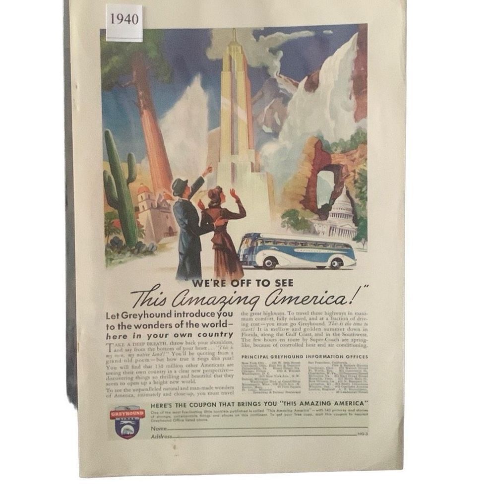 Vintage 1940 Greyhound Off to See This Amazing America Ad Advertisement